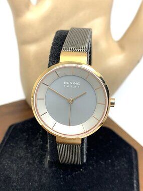 Bering Women's Watch 14631-369 Solar Rose Gold Gray Mesh Stainless Steel 31mm